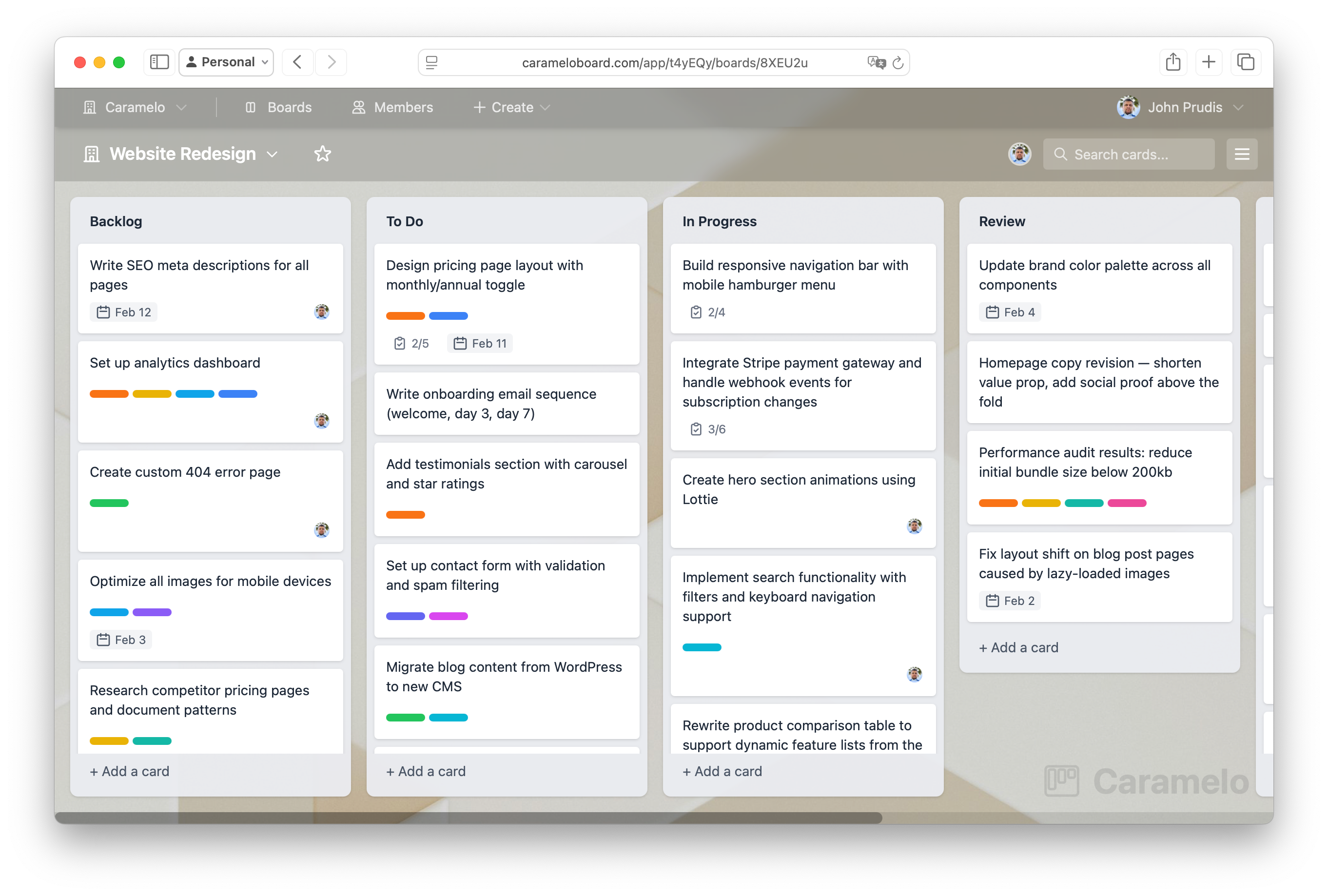 Caramelo Board — a kanban board with Backlog, To Do, In Progress, and Review columns
